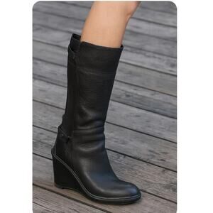 TIMBERLAND Boots Black Wedge Heel Leather knee high buckle detail SZ 9.5